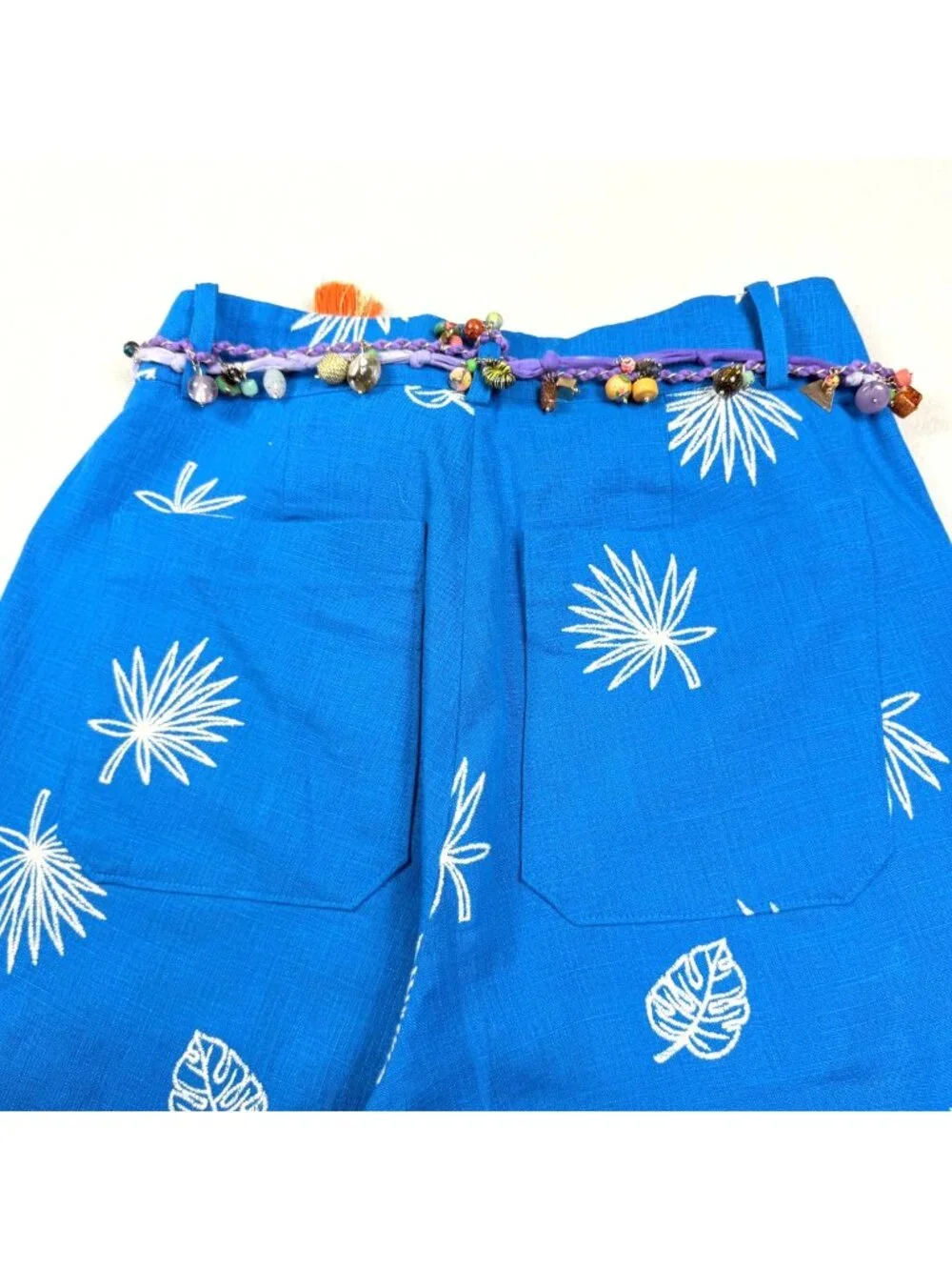 Zara Blue Wide-Leg Cropped Pants w/Embroidery High-Waist Size Small with Belt